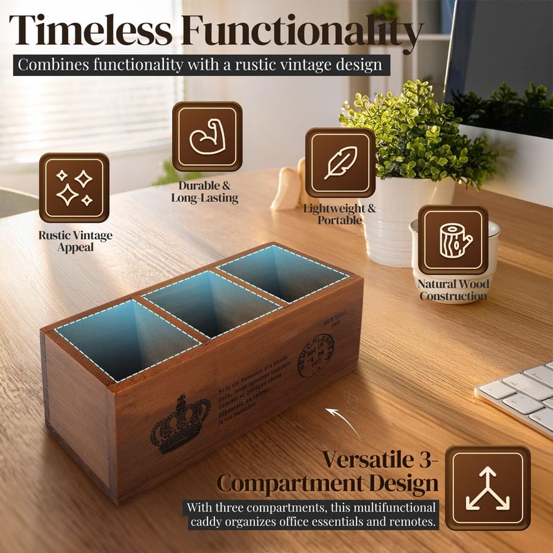 Flexzion Rustic Wooden Pencil Holder for Office - 3 Compartments - Desk and Table Storage Organizer - Multifunctional Remote Control Holder for Home, School and Office - Image 5